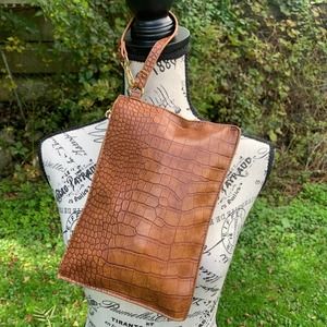 Light Brown Crocodile print wristlet clutch / crossbody purse astrology lining